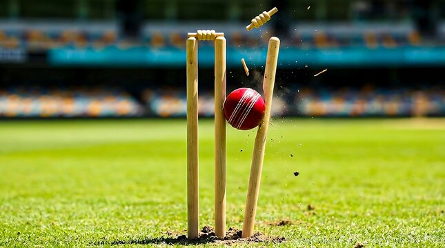 Cricket ball hitting stumps on green grass field
