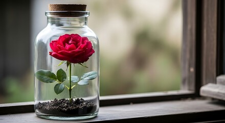 Single Red Rose Preserved in a Glass Jar with Soil