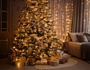 Cozy New Year's interior. Large Christmas tree decorated with bright garlands and golden sta.jpg