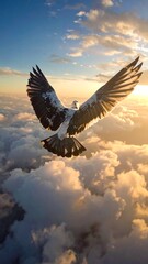 A majestic bird soars in the sky, its wings spread wide against a backdrop of clouds and the golden light of the sun