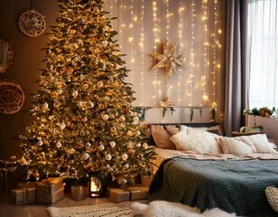Cozy New Year's interior. Large Christmas tree decorated with bright garlands and golden sta.jpg