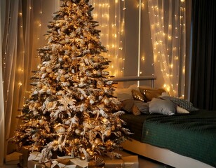 Cozy New Year's interior. Large Christmas tree decorated with bright garlands and golden sta.jpg