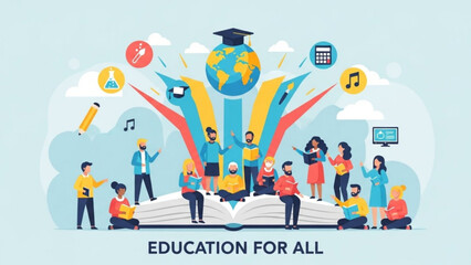 Diverse group of people learning together with education icons and globe on books