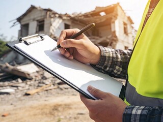 Hand of inspector in safety vest writing on clipboard while assessing damage to a destroyed building.
