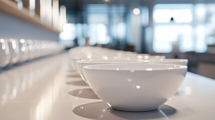 White bowls arranged on a counter