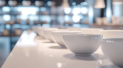 White bowls on table in bright interior