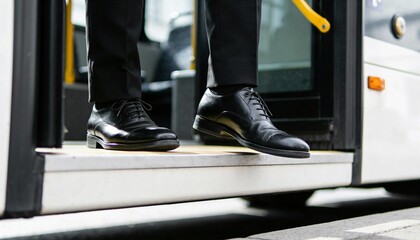 Obraz premium A person wearing professional black leather shoes and trousers steps onto the entrance platform of a public transit bus.
