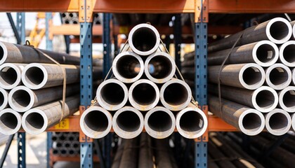 Close-up of industrial steel pipes stacked in a pyramid shape on metal warehouse shelving.
