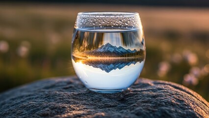 A glass of water with a serene landscape reflection on a stone surface at sunrise