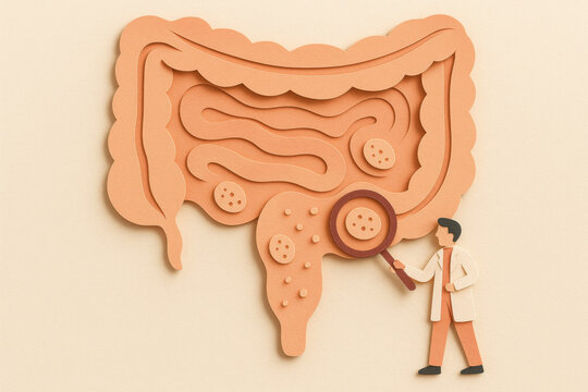 Doctor examining colorful paper cut intestine model with appendix detail in peach salmon tone showing digestive system anatomy for medical education and health awareness concept