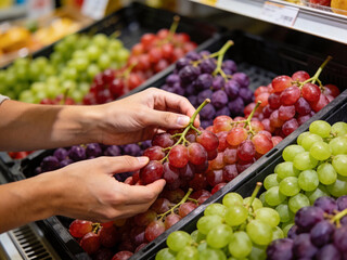 Hands selecting fresh red grapes from a colorful market display featuring green, purple, and red grape varieties.