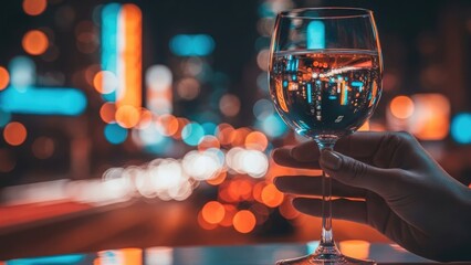 A hand holding a wine glass against a blurred cityscape at night with vibrant lights