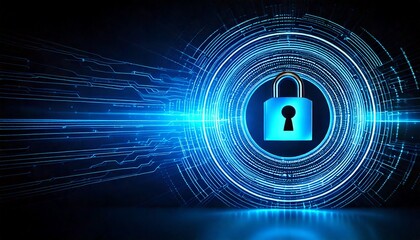 Glowing blue digital lock with circular tech on dark background with radiating light trails .jpg