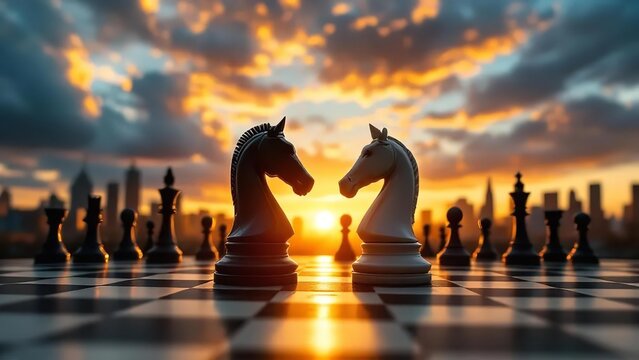 Dramatic showdown of chess knights facing each other on a chessboard against a city skyline at sunset, strategy