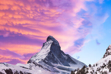 Matterhorn Mountain at Night with Starry Sky and Alpine Village