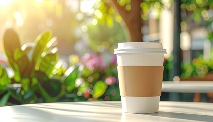 Morning coffee outdoors A disposable take-away cup rests on a white table, bathed in warm sunlight, with blurred green foliage in the background