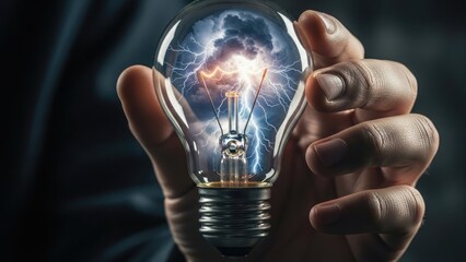 A hand grasping a glowing light bulb with electrical sparks inside