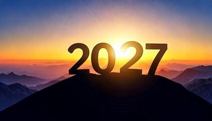 Silhouette of number 2027 on mountain, Happy New Year celebration shiny design. Mountain Top 
