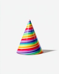 Striped rainbow party hat, conical shape, sits on white background, casting shadow