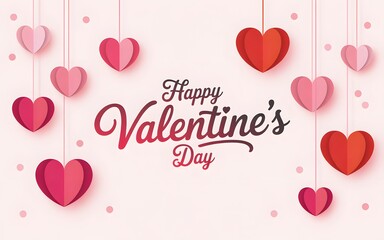 Festive happy valentines day background with hanging paper hearts and elegant calligraphy