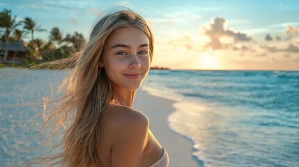Woman on beach at sunset