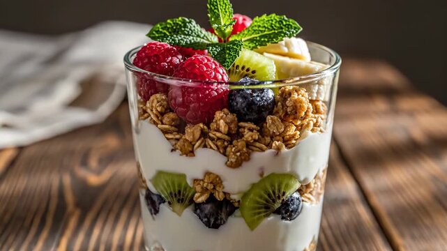 A layered dessert in a glass featuring yogurt, granola, fresh fruit, and mint on a wooden table