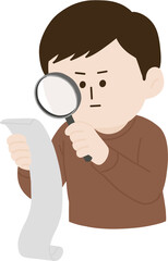 Man Carefully Examining Receipt with Magnifying Glass &ndash; Expense Review and Personal Finance Audit Illustration
