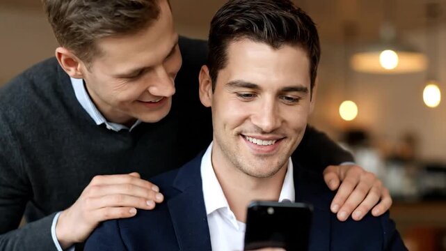 A smiling man in a suit looks at a phone held in his hands, with a person behind