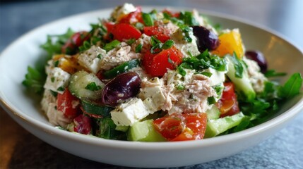A bowl holds a colorful salad made with tuna cherry tomatoes olives cucumber and herbs. This dish is enjoyed during lunch at a busy cafe.