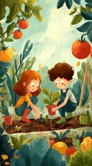 Cartoon kids planting vegetables in garden, learning about nutrition and sustainability, colorful scene, 8k detail, copy space