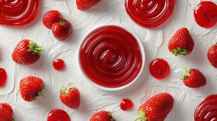Fresh strawberries surrounding a bowl of vibrant red jelly on a textured white surface