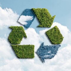 Recycle symbol with grass and sky textures against a fluffy clouds backdrop