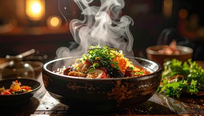 Close-up of a steaming, vibrant bowl of gourmet food