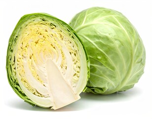 Green cabbage, halved revealing core and layered leaves