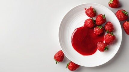 Fresh strawberries arranged on a white plate with spilled strawberry sauce, minimalistic background