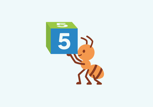 Playful ant carrying a blue and green cube labeled five.