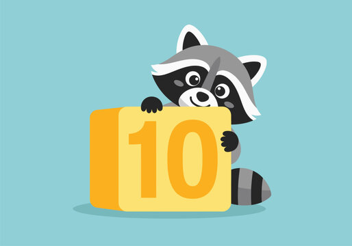Playful raccoon holding number ten block.