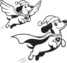 Obraz premium Dachshund Dog wear santa Claus Costumes Flying with a Cape. Christmas Holiday Clipart Line Art Vector Illustration Xmas. Wiener canine attire garb soar cloak.