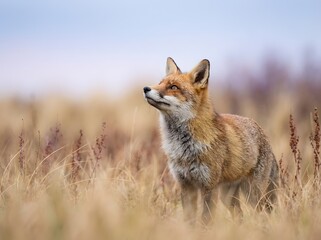 Red fox standing in a field of tall dry grass.