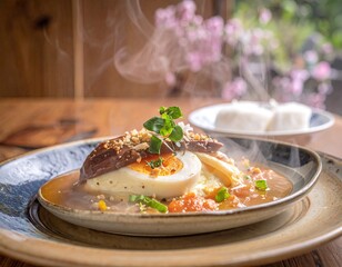 Steaming dish of seasoned food with egg, herbs, and side dish