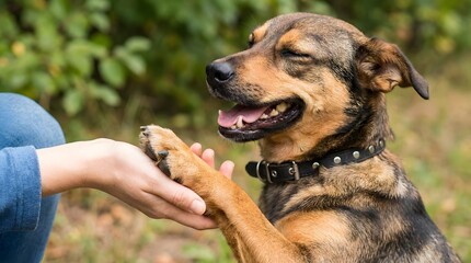 Dog shaking hands with a person outdoors in a friendly gesture.