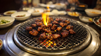Delicious Korean BBQ meat and intestines cooking on hot charcoal fire grill 