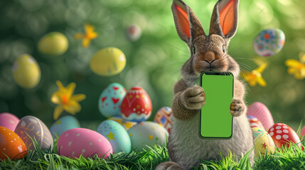  Adorable easter bunny with phone surrounded by colorful eggs and festive decor