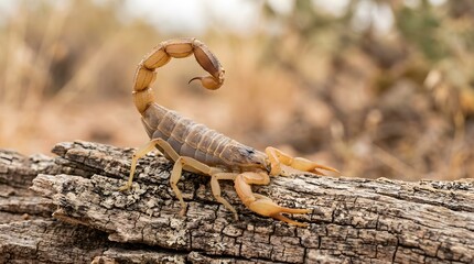 Scorpion perched on a weathered log in a natural setting.