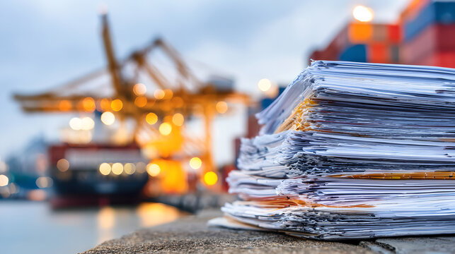 Large stack of logistics documents on desk with blurred cargo ship background