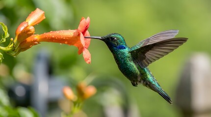 Fototapeta premium Vibrant Hummingbird Feeding on Orange Flower in Garden.