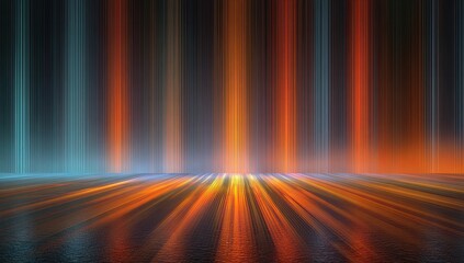 Abstract stage with blue and orange vertical light beams and reflective floor