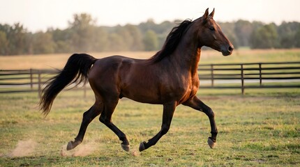 Majestic brown horse running freely in a green pasture.