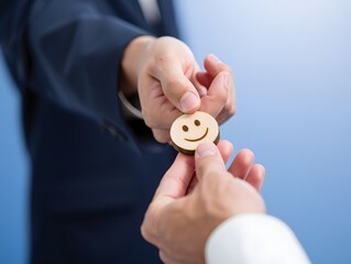 Person holding a wooden smiley face button with two hands