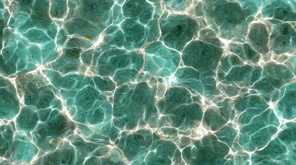 Turquoise Lagoon Water Texture With Glowing White Sunlight Caustics And Deep Shadows